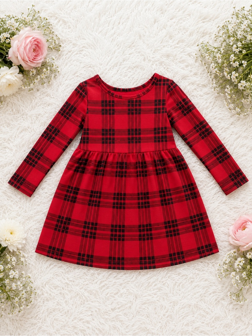 Cat & Jack Red and Black Plaid Long-Sleeve Dress